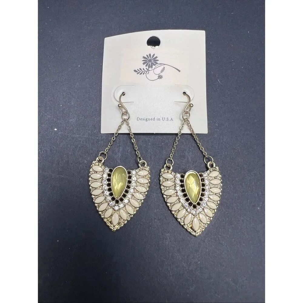 New! Gold Tone Chandelier Fan Shape Cream Soft Yellow Rhinestone Drop Earrings